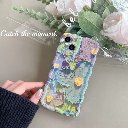 Retro Oil Painting Phone Case Blu-ray Flowers Shockproof Case For Iphone 13 12 13pro 14pro 13 Pro Max Silicone Phone Cover - tallpapa