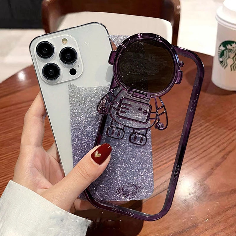 Glitter Astronaut Camera Stand Phone Case For IPhone 14 13 12 11 Pro Max XR 14 Plus Invisible Lens Bracket Plating Soft Cover - tallpapa