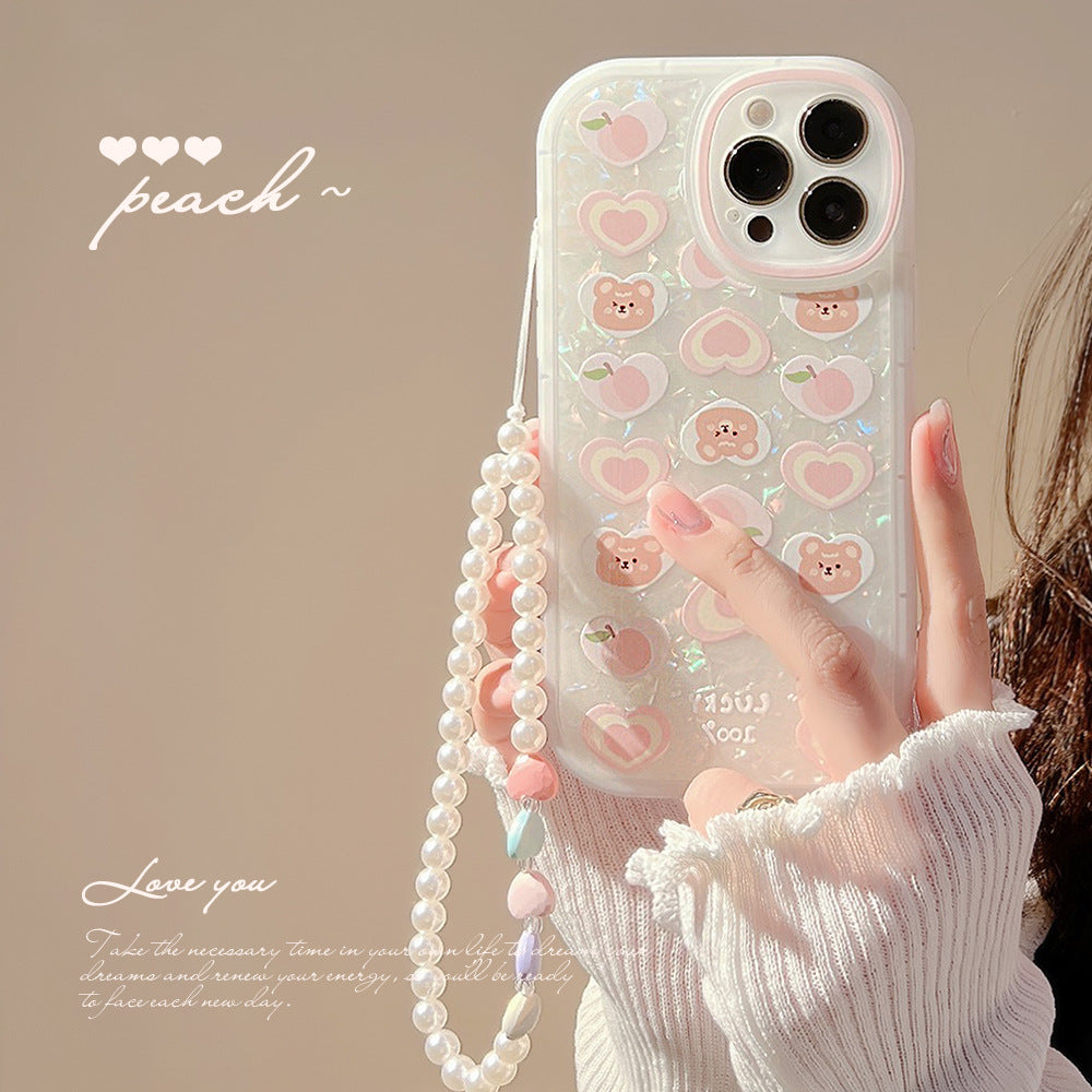 Peach Love Bear Pearl Chain Phone Case - tallpapa