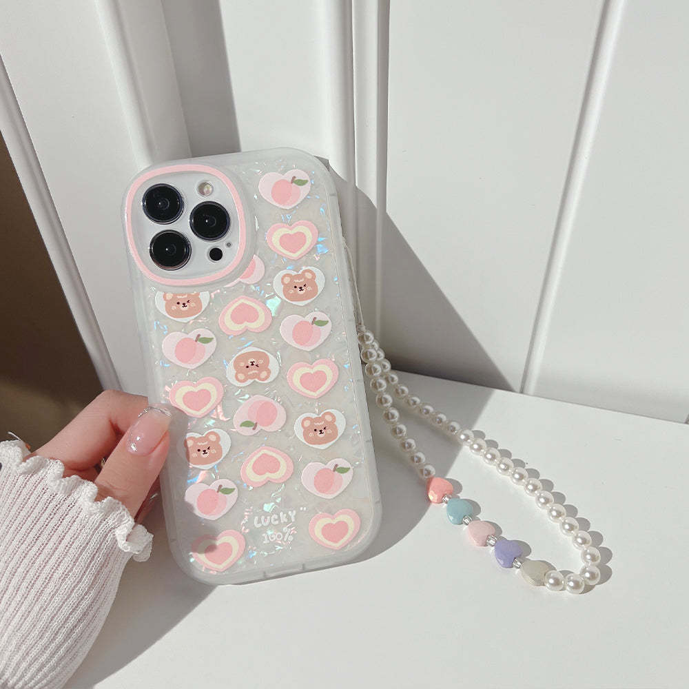 Peach Love Bear Pearl Chain Phone Case - tallpapa