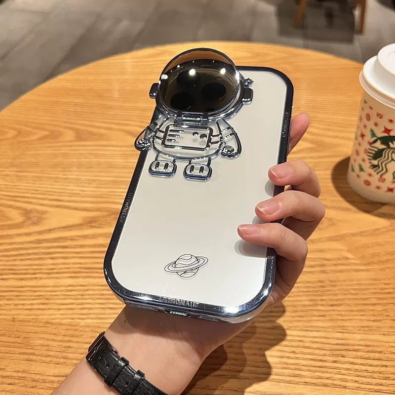 Glitter Astronaut Camera Stand Phone Case For IPhone 14 13 12 11 Pro Max XR 14 Plus Invisible Lens Bracket Plating Soft Cover - tallpapa