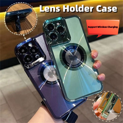 Electroplated Phone Case Luxury Plating CD Pattern Magsafe Bracket Case For 12 13 14 Pro Max Invisible Camera Stand Holder Lens Holder Magnetic Suction - tallpapa