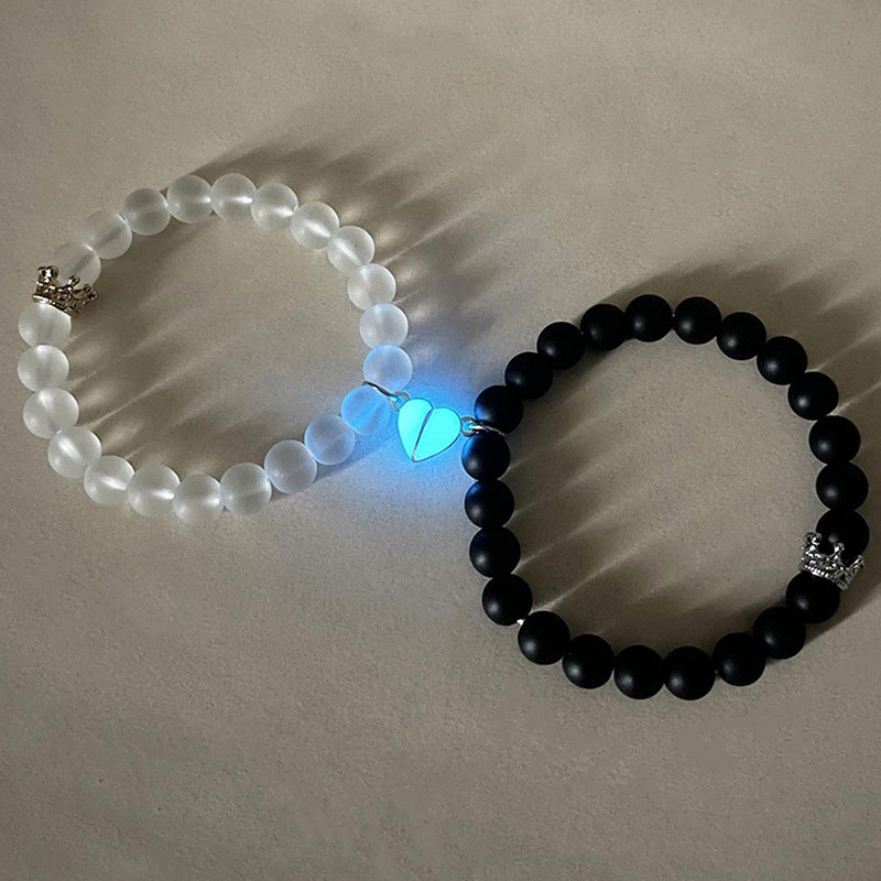 Fashion Jewelry 2pcs Handmade Crown Beaded Charms Bracelet Luminou Heart Glow In The Dark Couple Bracelet For Lover Men Women Fluorescent Gift - tallpapa