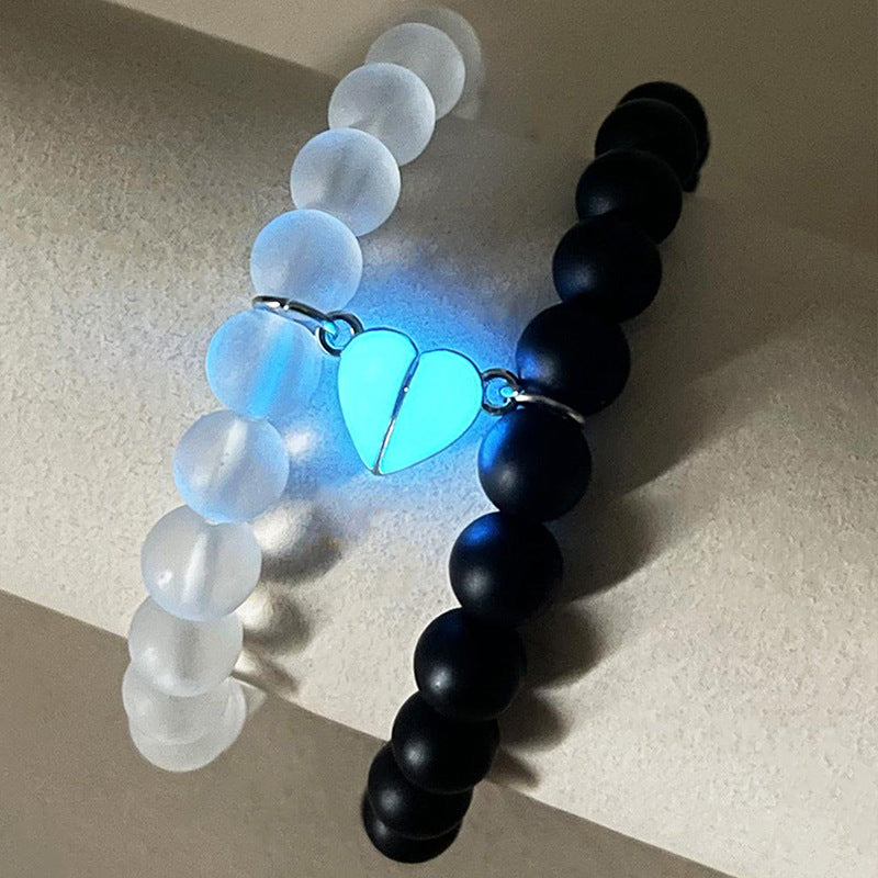 Fashion Jewelry 2pcs Handmade Crown Beaded Charms Bracelet Luminou Heart Glow In The Dark Couple Bracelet For Lover Men Women Fluorescent Gift - tallpapa