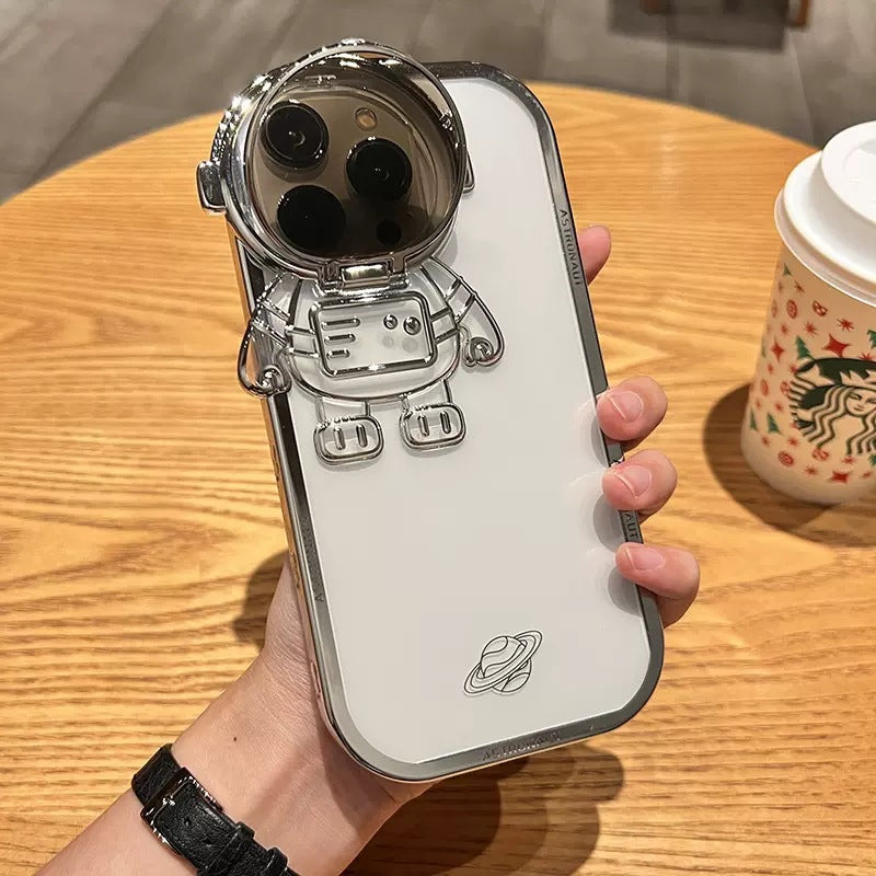 Glitter Astronaut Camera Stand Phone Case For IPhone 14 13 12 11 Pro Max XR 14 Plus Invisible Lens Bracket Plating Soft Cover - tallpapa