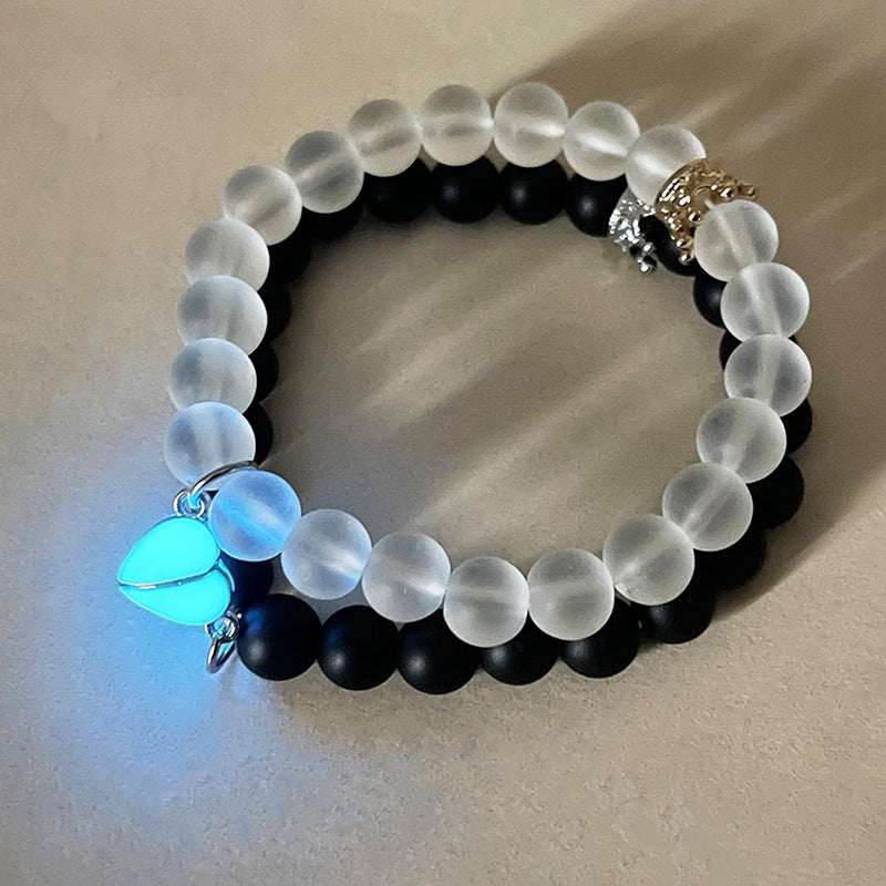 Fashion Jewelry 2pcs Handmade Crown Beaded Charms Bracelet Luminou Heart Glow In The Dark Couple Bracelet For Lover Men Women Fluorescent Gift - tallpapa