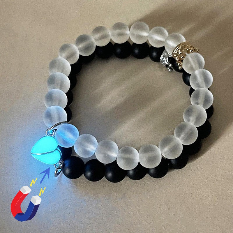 Fashion Jewelry 2pcs Handmade Crown Beaded Charms Bracelet Luminou Heart Glow In The Dark Couple Bracelet For Lover Men Women Fluorescent Gift - tallpapa